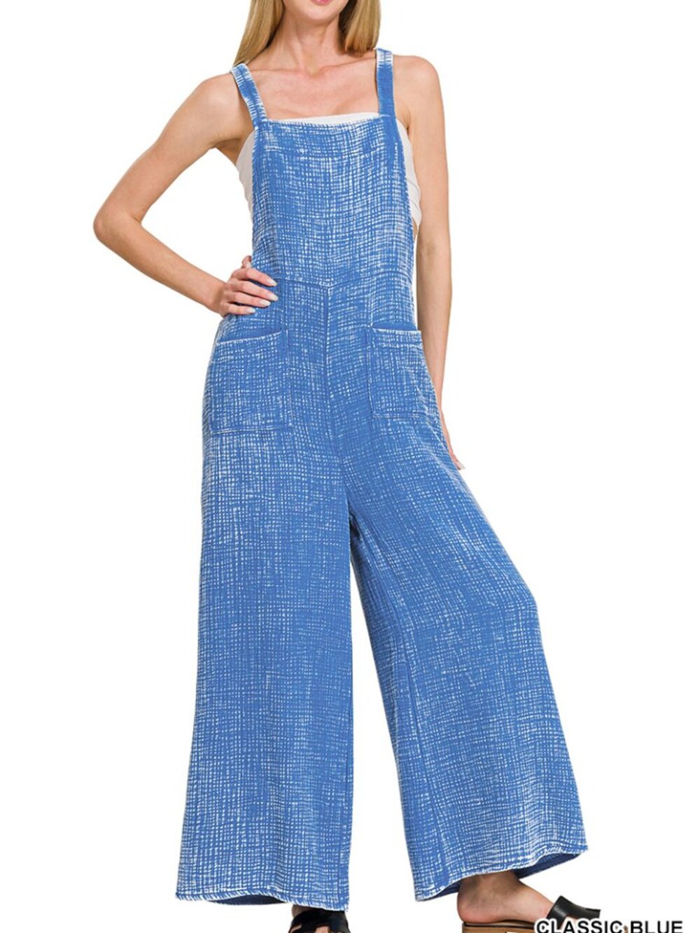Washed Double Gauze Elastic Waist Wide Overalls in Classic Blue